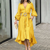 Zingj Dress West Dress Fashion Casual Full Sleeve V-Neck Lapel Solid And Pocket Dress-Outfit