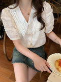 Elegant Lace Chiffon Blouse Doll Collar Women 2023 Summer Korean Fashion Short Sleeve Tops Mujer Hollow Lady Shirt