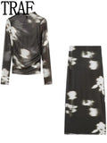 Printed Tulle Skirt Woman High Waist Mesh Skirt Sets Elegant Long Skirts For Women Fashion 2023 Autumn Winter