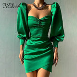 2021 Autumn Winter Green Bodycon Dress Party Women Satin Mini Long Puff Sleeve Backless Sexy Elegant Dresses Club