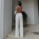 Zingj Hanging Neck Sexy Hot Girl Sleeveless Vest White Pleated High Waist Wide Leg Pants Suit Woman-Outfit