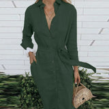 Elegant Lace-up Button Shirt Dress Casual Women Solid Cotton Linen Pocket Dress 2022 Lady Long Sleeve Office Long