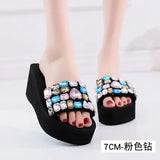 Shoes Women 2019 Summer High Platform Sandals Wedge Flip Flops Slope Handmade Slippers Female Crystal Flower