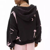 Black Zipper Bow Lace Up Applique Hoddie- Outfit