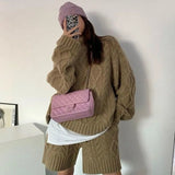 Casual Sweater Sets Long Sleeve Turtleneck Loose Sweater Top & High Waist Shorts Lady Winter Solid Knitted