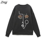 Women Fashion Abstract Pattern Embroidery Casual Fleece Sweatshirts Female Long Sleeve Hoodies Chic Pullovers Tops