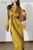 Spring Autumn Long Soft Luxury Elegant Flowy Satin Acetate Trench Coat for Women High Quality Chic British Fashion