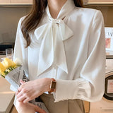 Han Queen New Arrival Shirt Womens Blouse Vintage Work Casual Tops Chiffon Blouse Bow Elegant Loose Women Business