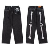 Popular Skeleton Bone Embroidered Jeans Women Y2K New Harajuku Hip Hop Straight High Waisted Jeans Punk Casual Baggy