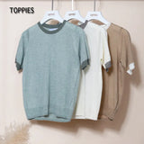 Summer Knitted T-shirts Women Short Sleeve Tops Tee Contrast Color Slim T-shirts O-neck