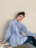 Desinger Blue Long Sleeve Asymmetrical Top Blouse Women 2021 Fall Fashion Lantern Sleeve Blouse High Fashion