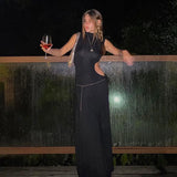 Black Mock Neck Tank Side Cut Out Maxi Dress-Outfit