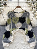 Fashion Casual Loose Blouse Women O Neck Hook Flower Hollow Long Sleeved Tassel Design Autumn Streetwear Knitting
