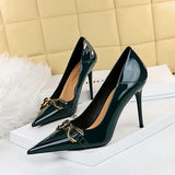 Zingj High-Heeled Women's Shoes Fine Heel Bright Face Lacquer Leather Shallow Mouth Tip OL High Heel Metal Belt Buckle Single