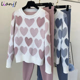 Women Sweater 2 Piece Sets Chic Knit Embroidery Bead Heartshape Pullovers Top + Spring Harem Pants Sport Tracksuits