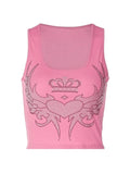 Rhinestone Winged Heart Ribbed Cropped Tank Top- Outfit