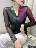 V Neck Mesh T-shirt Women Long Sleeve Positioning Printing Floral Intimated Silk T Shirts Female Stretchable