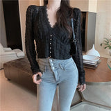 Spring New Korean Style Short White Lace Shirt Women V-neck Long Sleeve Cardigan Vintage Women Blouses Elegant Blusas