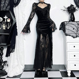 Summer New Style Sexy Micro-Transparent Slim Dress Dark Lace Fishtail Long-Sleeved Dress
