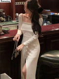 Autumn New Women Fashion Elegant Long Sleeve Midi White Black Dresses Evening Prom Female Party Lady Clothes
