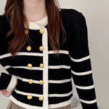 Zingj 2023 New Korean Version Loose Lazy Round Collar Striped Cardigan Design Sense Female Bump Color Sweater Coat-Outfit