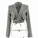 Gray Double Layer Bandage Slim Blazer Women Long Sleeve Pocket Short Jacket Female Notched Collar Outwear Tops 2021