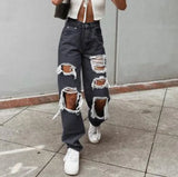 Broken Hole Wide Legs Thin Jeans Woman-Outfit