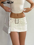Y2K Aesthetics Basic Belted Low Waist Micro Skirts 2000s Fashion Sexy Pockets White Denim Skirt Cute Bottoms