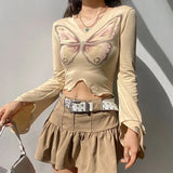 Butterfly Print Cute Flare Sleeve Crop Top T Shirt Women Ruffles Fashion Autumn Basic T-shirt Ladies Streetwear