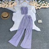 Zingj Suspenders Strapless Short Top High Waist Drop Feeling Wide Leg Pants Two-Piece