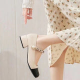 Zingj 2024 New Pearl Metal Chain JK Single Shoes Retro Small Fragrance Wind Spell Color Thick Heel Casual Mary Jane Shoes Woman-Outfit