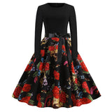 Women Pumpkin Print Party Dress Black Streetwear Gothic Long Sleeve O Neck Vintage Casual Robe Femme Halloween