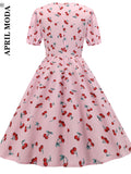Print Women Vintage Flare Dress Rockabilly 50s Party Robe De Cocktail Pink Jurken Hepburn Retro Swing Dresses