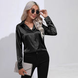 Autumn Satin Shirt Women V Neck Long Sleeve Office Shirt Blouses Ladies Black White Silk Loose Shirts For