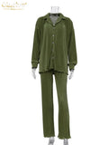 Causal Loose Home Suit Autumn Long Sleeve Blouse With High Wasit Pants Set Women Elegant Pleated Beige 2 Piece Pant