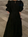 Summer Elegant Puffer Sleeve Party Midi Dress Lady Casual Pleated Black Vestidos Femme Fashion Outerwear Clothes