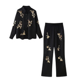 Sequin Straight Pants 2 Piece Set For Women Fashion Lapel Long Sleeves Buttons Shirts Suit 2024 Summer Lady Commute