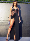 Fashion Sexy See Through Mesh Patchwork Black Strapless Long Dress For Women 2021 New Casual Club Party Vacation