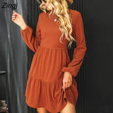 PETAL Burnt Orange Ribbed Tiered Mini Dress For Woman O-neck Long Sleeve Party Dress 2023 Spring Autumn Female