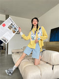 Spring 2022 Womens Fashion Yellow Patchwork Button Up Shirt Long Sleeve Collared Blouse Lantern Sleeve Designer