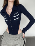 Casual Blue Cotton Skinny Buttons Autumn Bodysuits Tops Letter Letter Print Long Sleeve Women Bodies Street