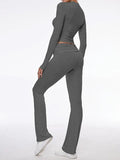 Long Sleeve Cropped Top Fold-over Flare Pants Set-Outfit