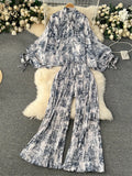 American Fashion Senior Suits Bow Collar Batwing Sleeve Top+Pleated Long Pant 2023 Women Casual Loose Printed