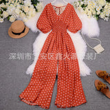 Zingj Summer Women's Wear 2023 New Temperament Wave Point V Neck Show High Waist Casual Wide Leg Jumpsuit