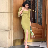 Retro Casual Autumn New Sexy Party Knitted Dress Slim Slit Mid-Length Elegant Female