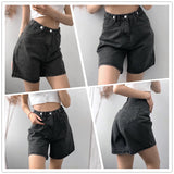 New Summer Women High Waist Button Wigh Leg Jeans Shorts Casual Female Loose Fit Blue Denim