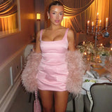 Satin Square Neck Mock Pocket Mini Dress- Outfit