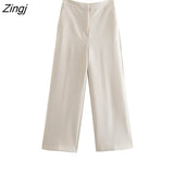 Women Fashion Side Pockets Loose Wide Leg Pants Office Lady High Elastic Waist Zipper Fly Female Ankle Trousers Mujer