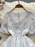 Fashion Sweet Long Sundress Women Square Collar Short Puff Sleeves Embroidery Floral Ruched Zipper Beach Style