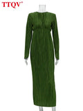 Winter O-Neck Green Women'S Dress Elegant Long Sleeve Bodycon Midi Dresses Female Casual Pleated Dress For New Year